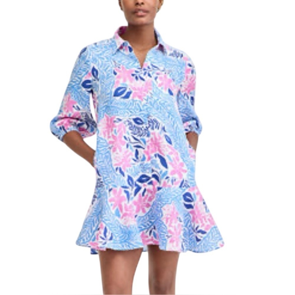 Charter Club Luxury 100% Linen Printed Ruffle Hem Mini Dress XL